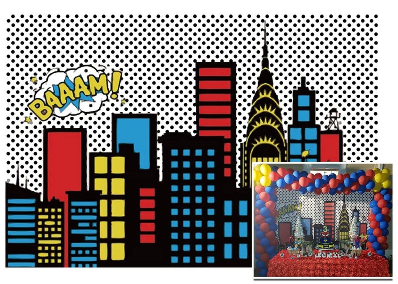 AOFOTO 7x5ft Cartoon Super City Backdrop Boy Birthday Banner Urban Night Cityscape Bomb Downtown Buildings Photography Background Bang Boom Skyscraper Kid Newborn Portrait Photo Studio Props Vinyl - Image 1